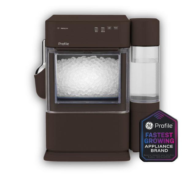 Brown ice maker with a water dispenser and brand label.