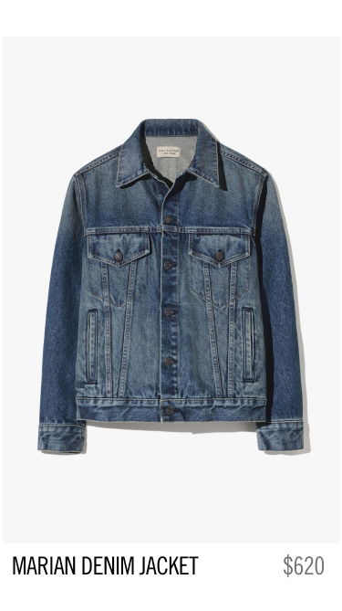 Denim jacket with two chest pockets, priced at $620.