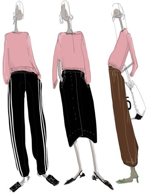 three illustrated women wearing different outfits but the same pink sweater