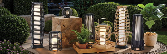Outdoor scene with decorative lanterns and plants on a wooden table.