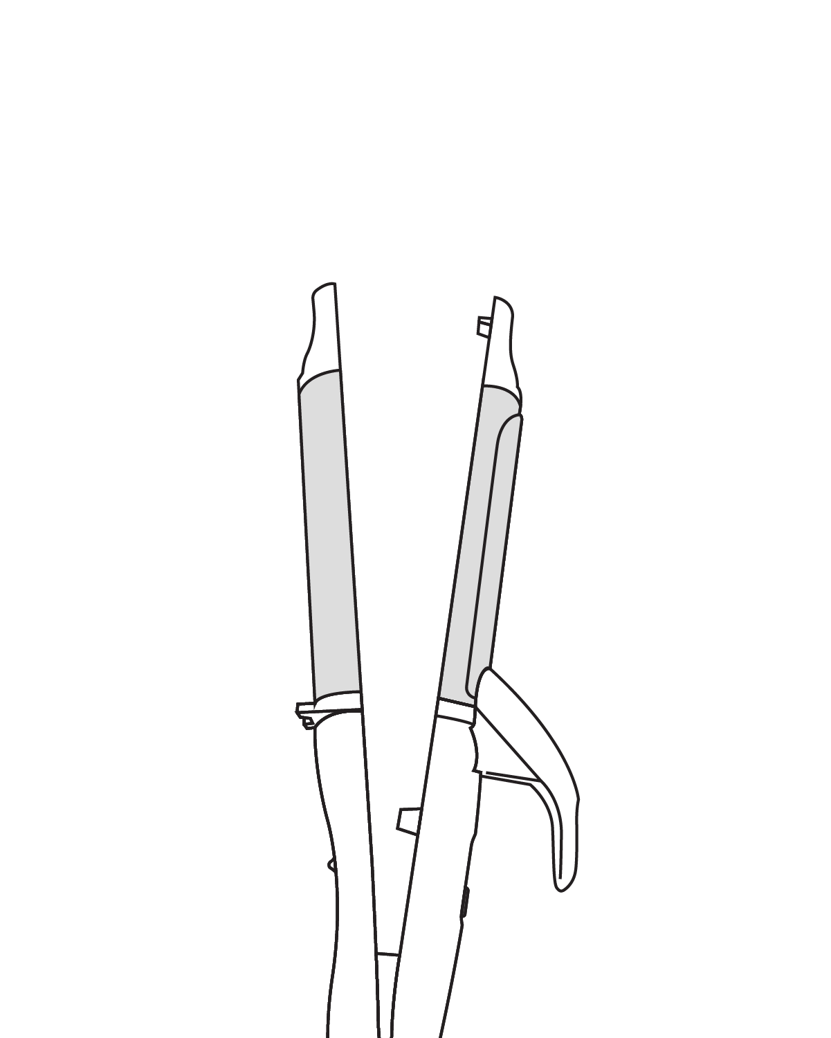 Black and grey vector drawing of the Beachwaver Clamp and Curl iron.