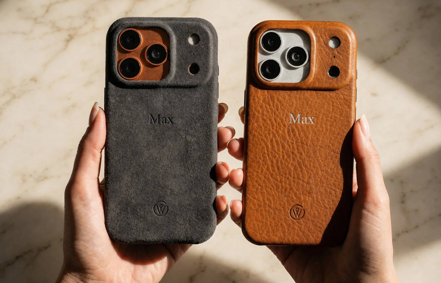 Zwei Hände halten eine iPhone 18 Hülle aus Leder und eine aus Alcantara ins Bild