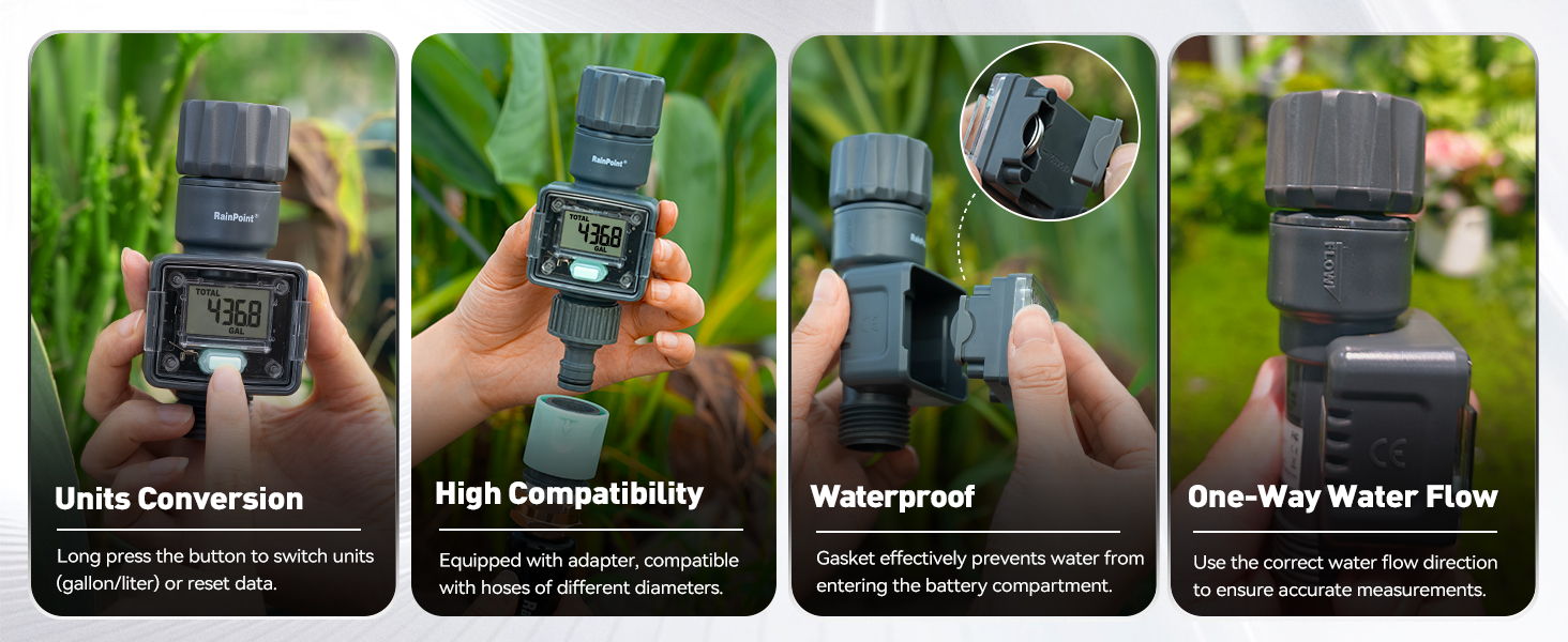 Four images showcasing a water connector's features and benefits.