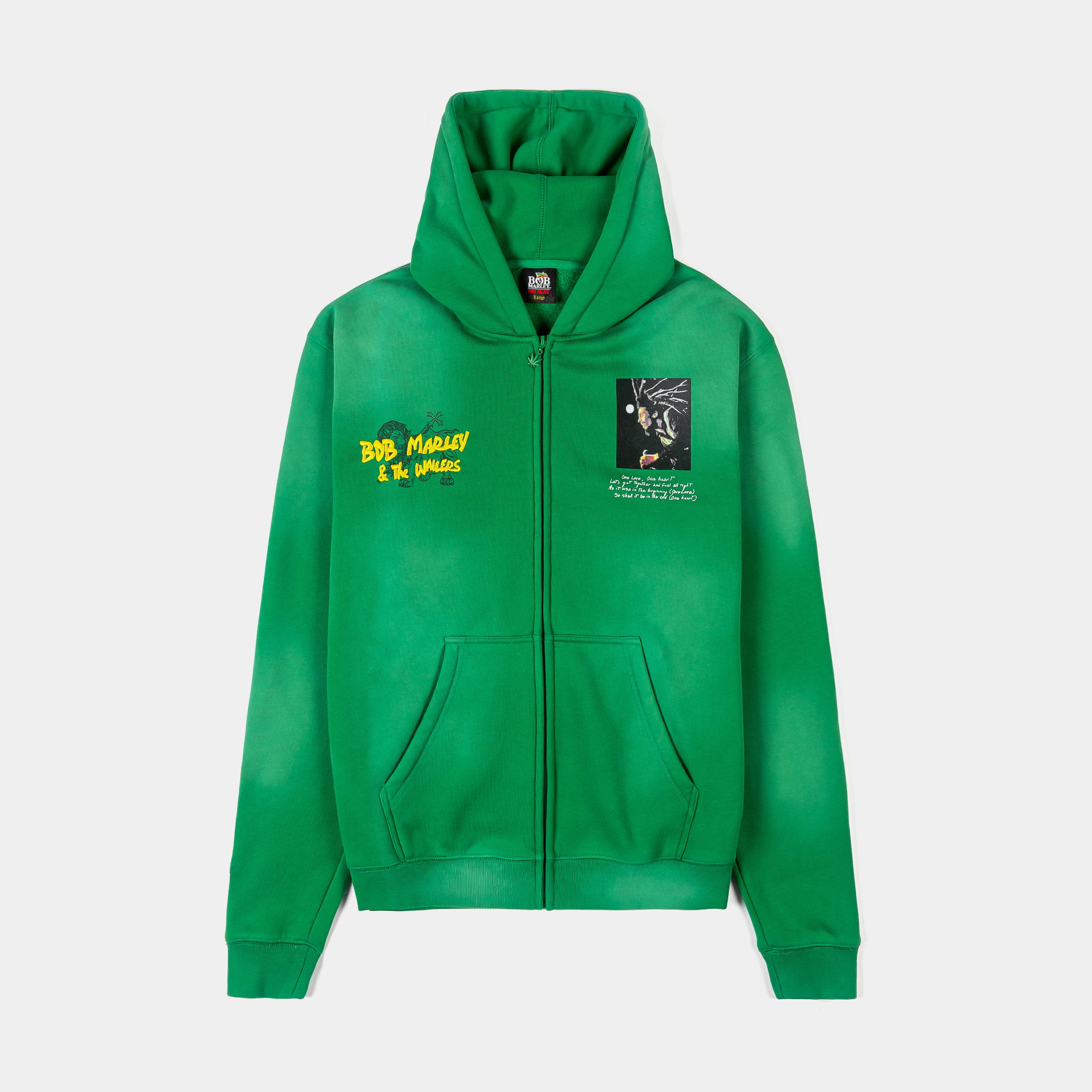 Green hoodie with graphic design and text on the front.