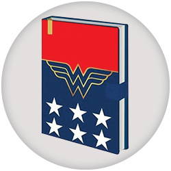 Image of Wonder Woman printed red and blue notebook. Shop all stationery.