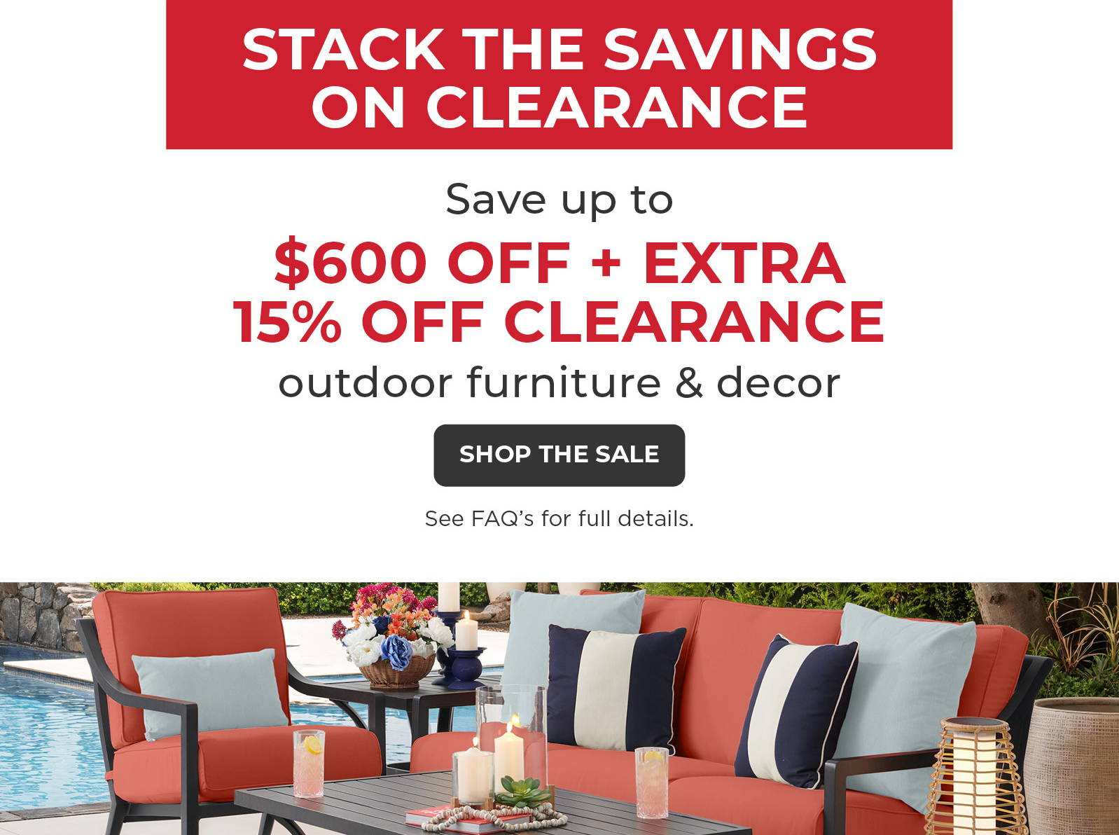 Promotional image for outdoor furniture clearance sale with discounts.