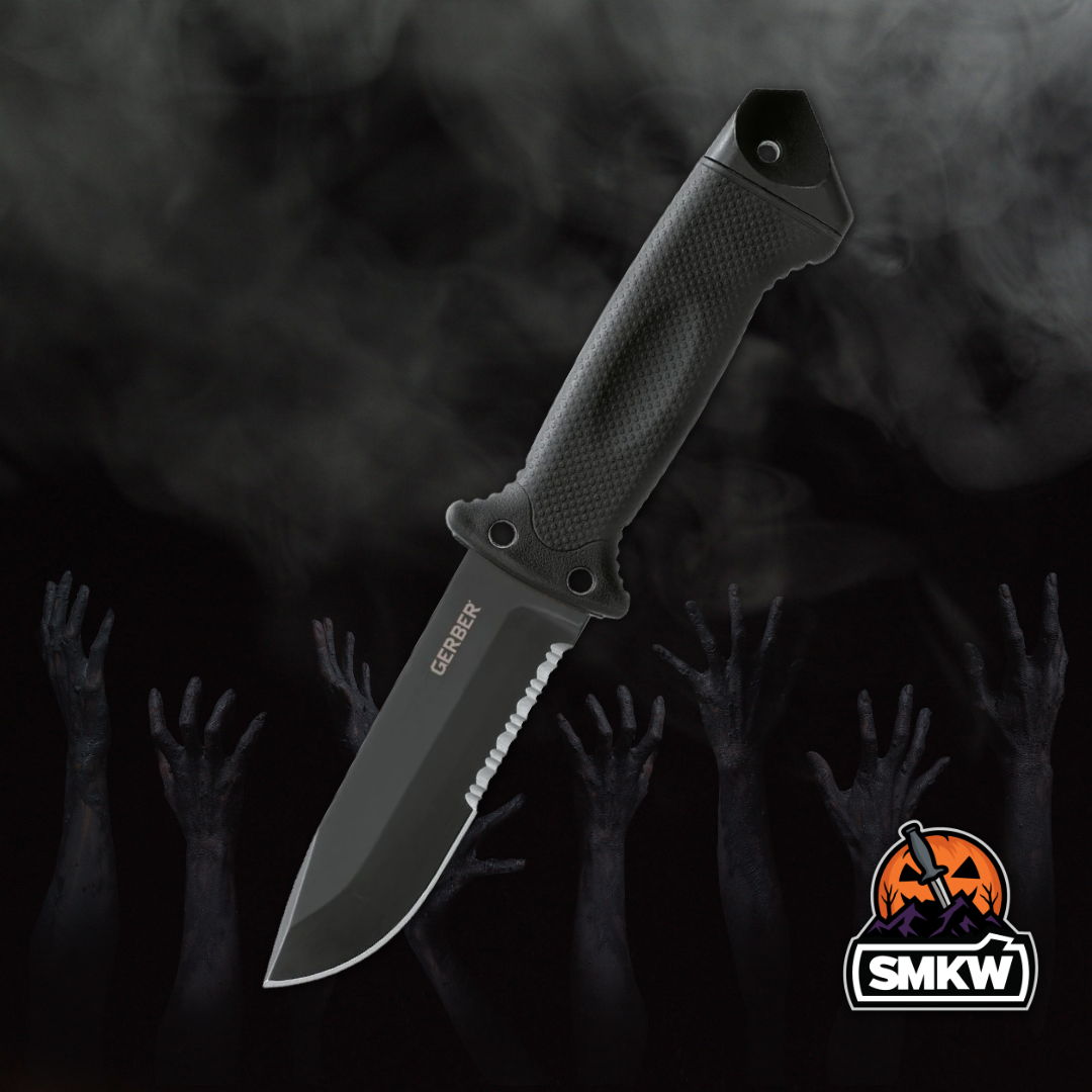 Black knife in foggy background with hands reaching out. SMKW logo present.