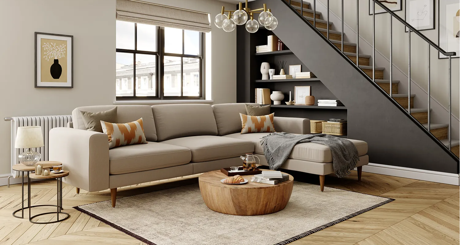 neutral decor big chill sofa in oatmeal with brown legs