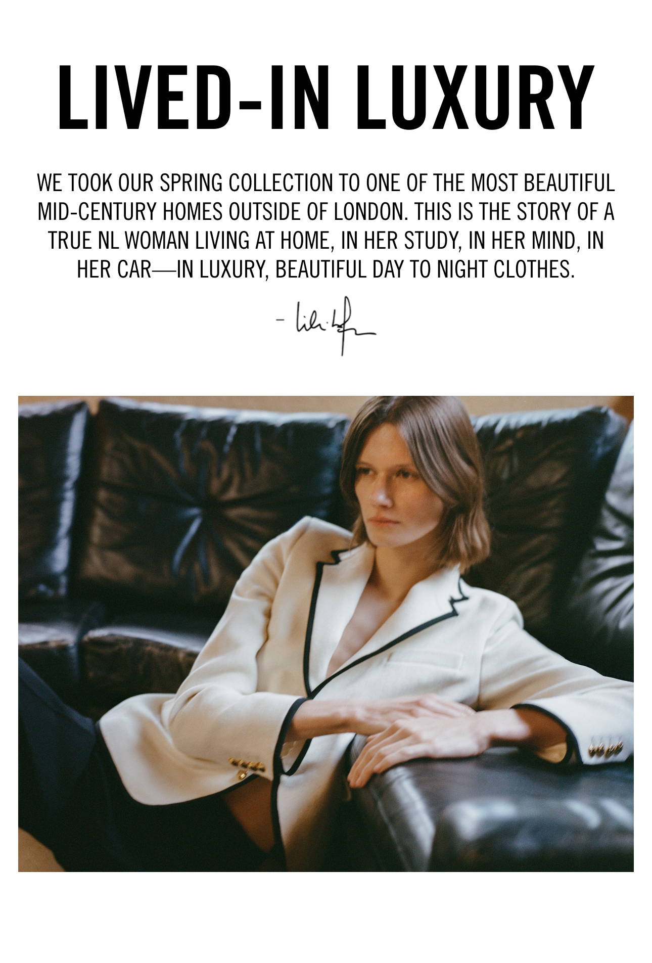 Image of model sitting on black couch and text about our spring collection