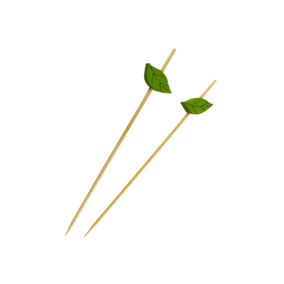 A bamboo skewer with a leaf design on the end