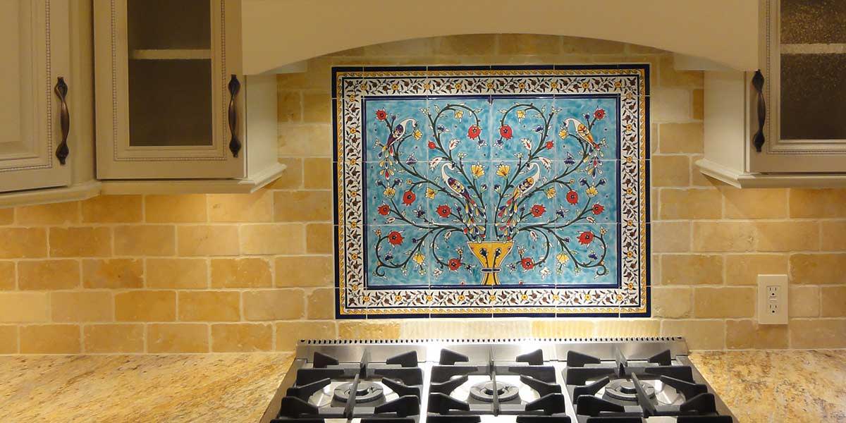 Peacocks & pomegranate tree with yellow floral border decorative hand painted tiles