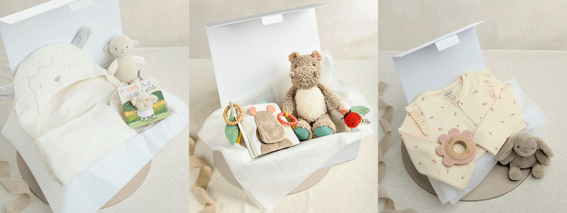 Three images of gift boxes with stuffed animals and baby items.