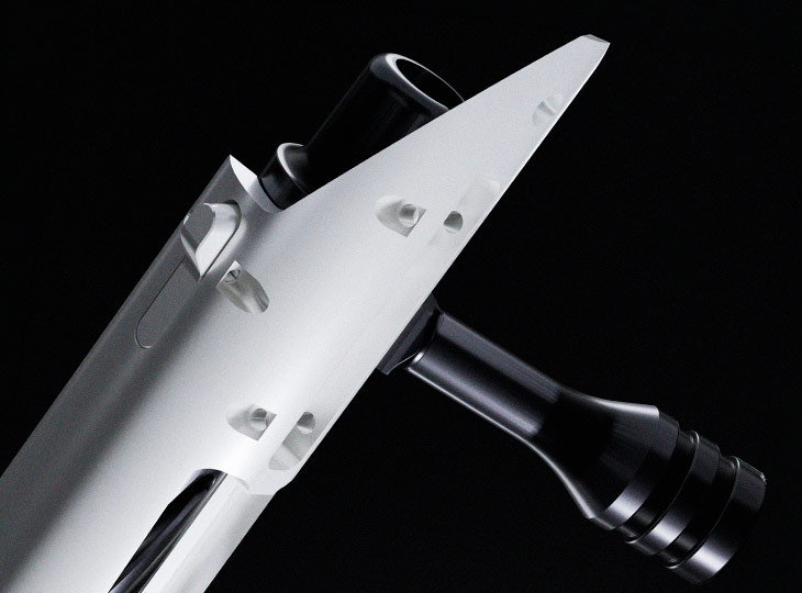 Close-up of a firearm with a scope against a dark background.
