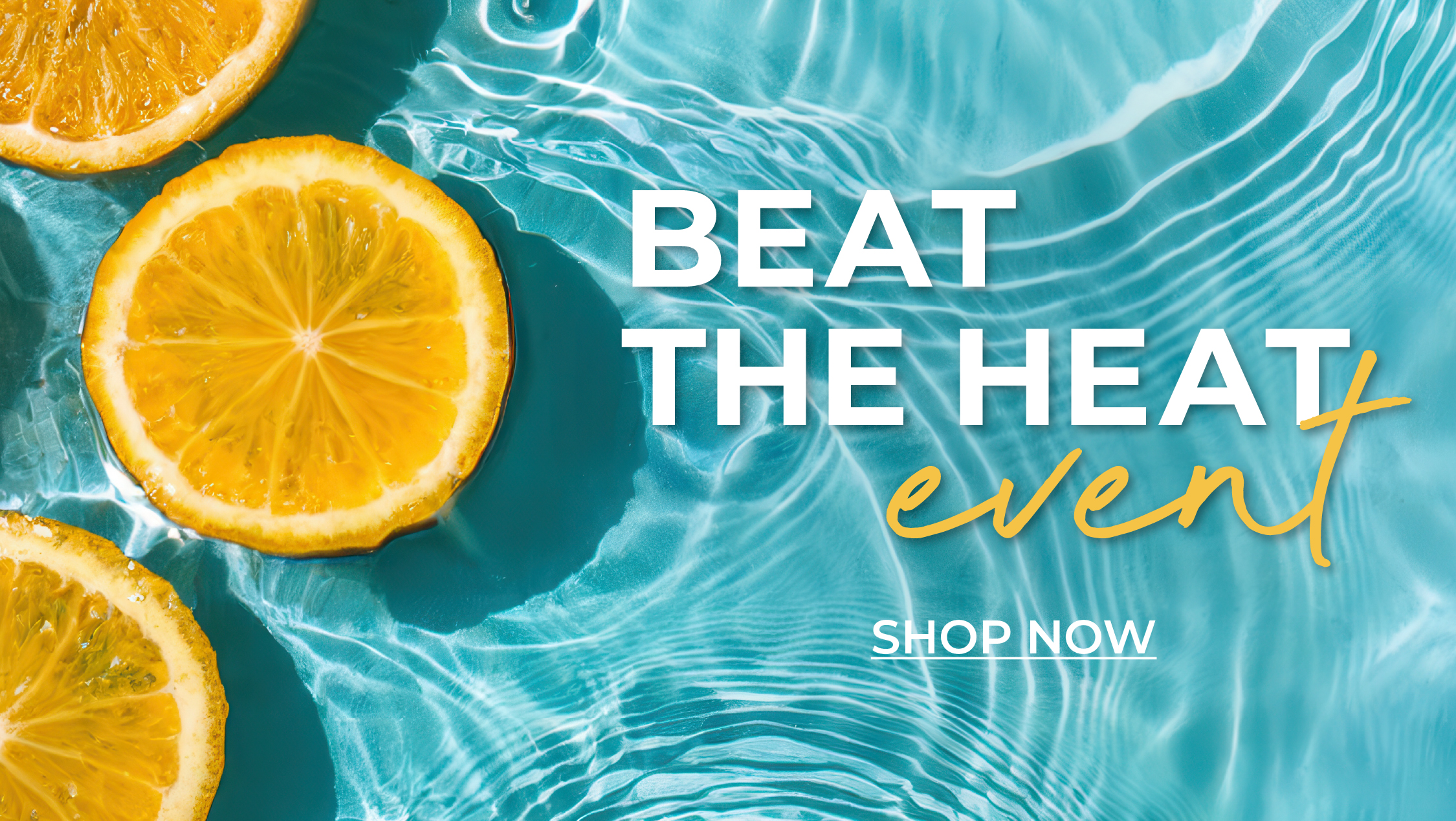 Sliced oranges on water background with text promoting a summer sale event.