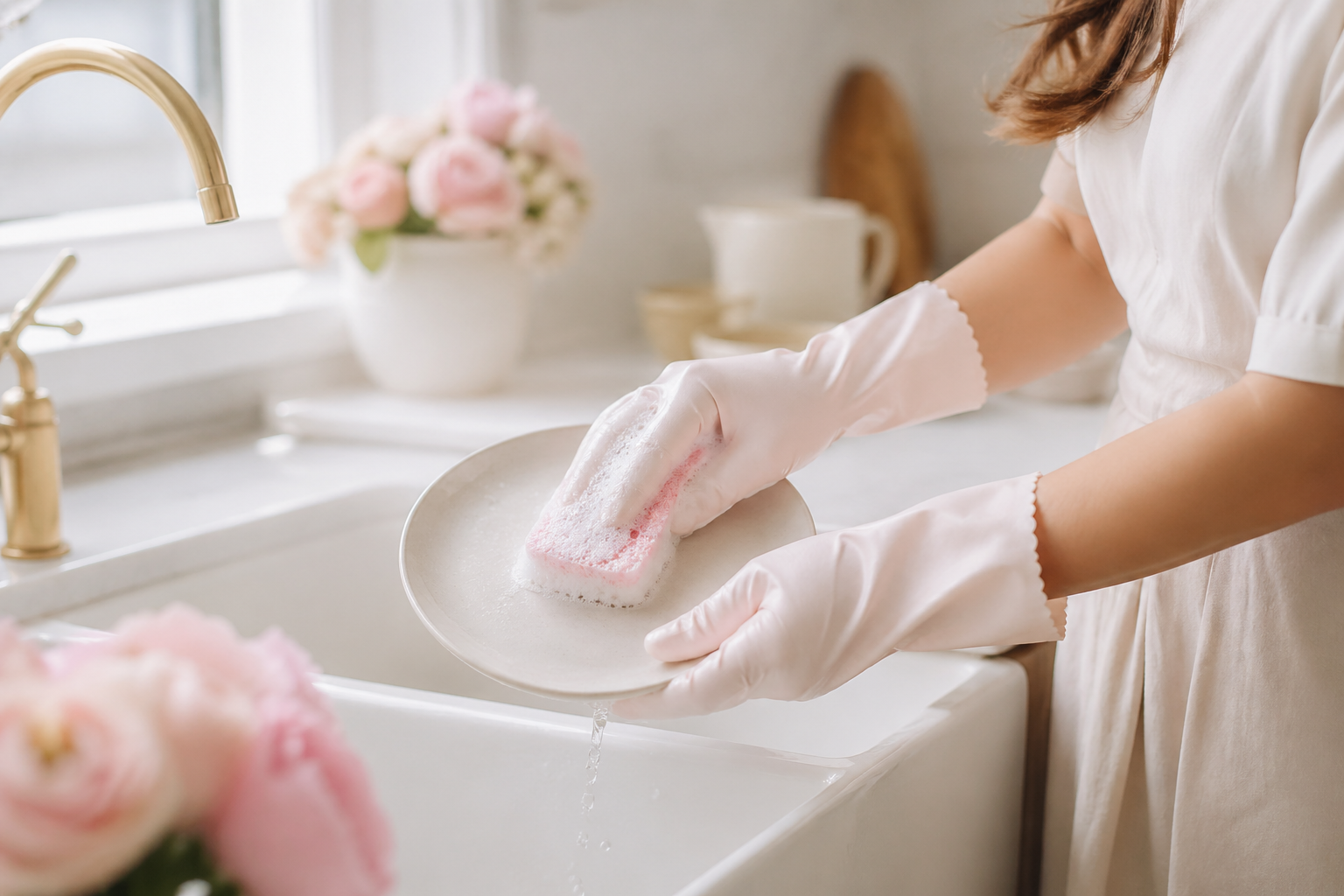woman wearing protective gloves to prevent split nails during dish washing and household cleaning