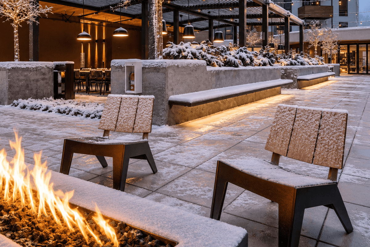 Cold-climate hospitality patio with fire pit, snow-covered outdoor lounge chairs, and warm exterior lighting.