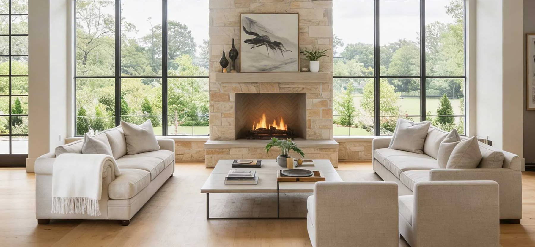 Modern living room with large windows, fireplace, and comfortable seating.