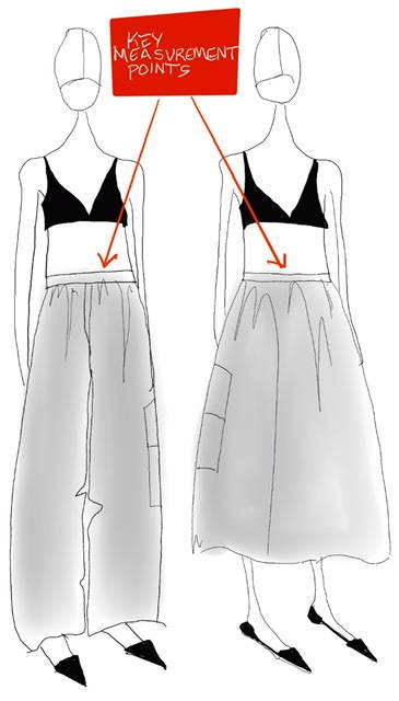 two illustrated women wearing high waisted and full pants and skirts