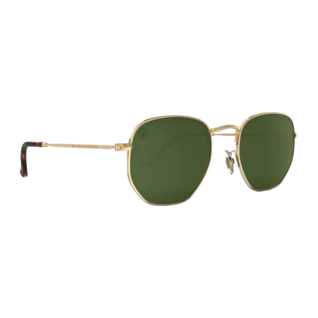 A pair of stylish gold-framed sunglasses with green lenses.