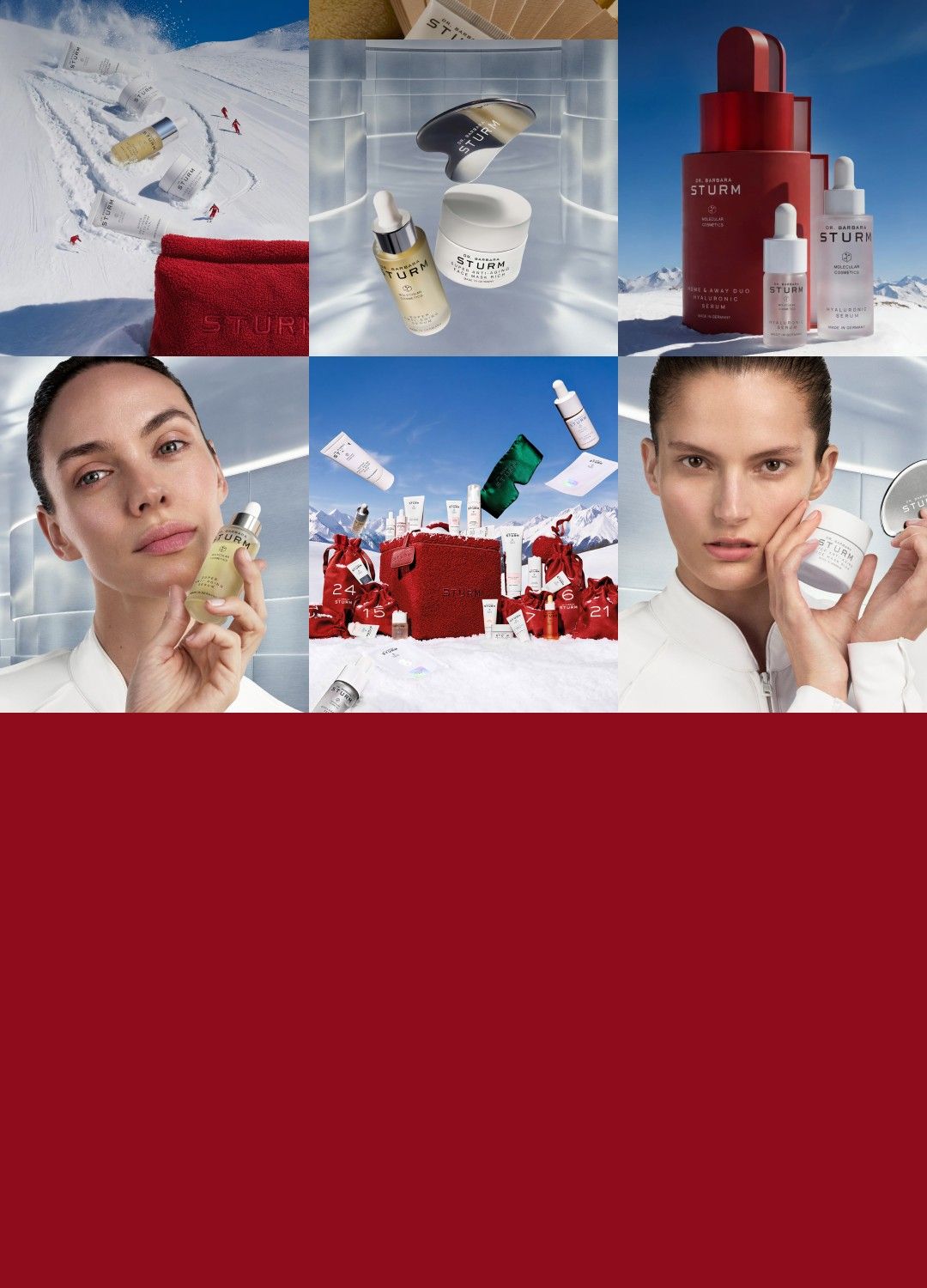 Collage of skincare products and a model in a snowy setting.