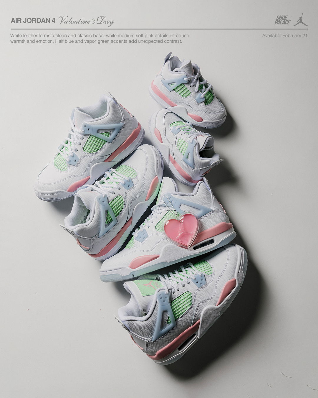 Five pairs of Air Jordans displayed for Valentine's Day.