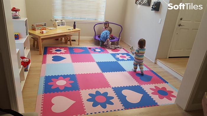 SoftTiles Girl's Playroom Floor- Hearts and Flowers Play Mat