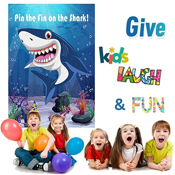 Pin The Fin On The Shark Party Games for Kids Birthday Party Decorations Baby Shark Party Supplies Game - 30 Fins