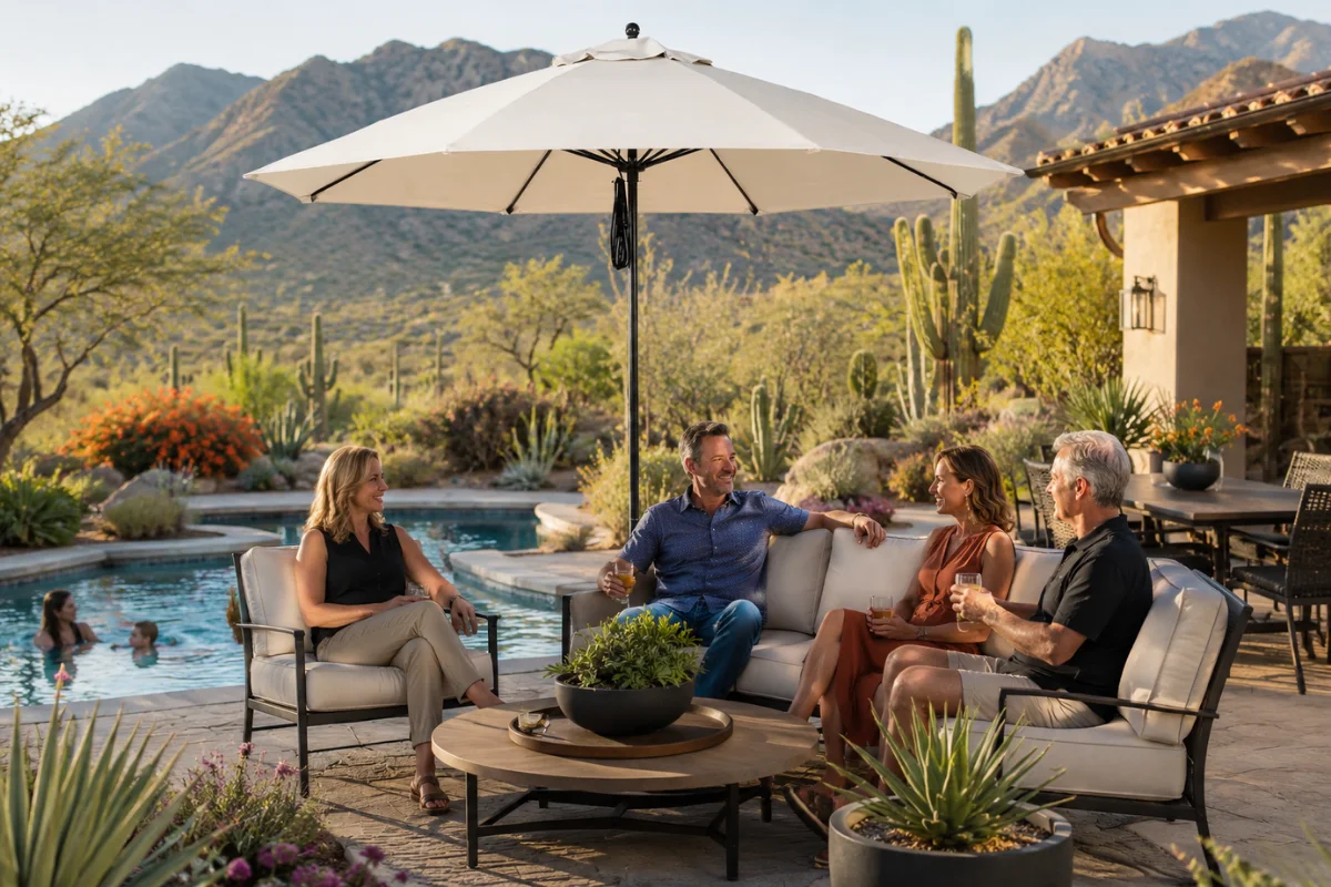 Luxury outdoor lounge beneath a large market umbrella beside a desert pool, featuring comfortable seating, mountain views, and climate-responsive Arizona landscape 