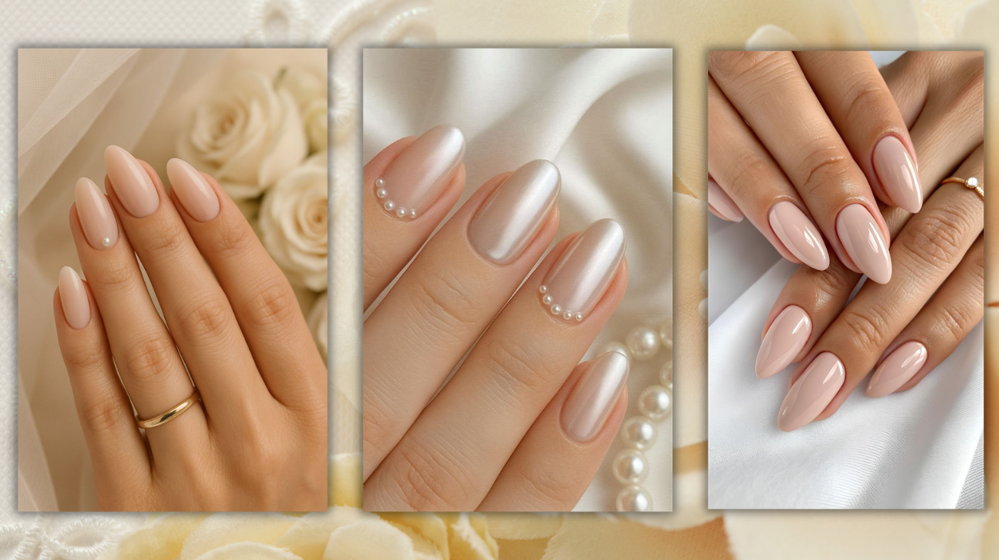 Close-up of bridal manicure in creamy nude nail shade for a clean and modern wedding look