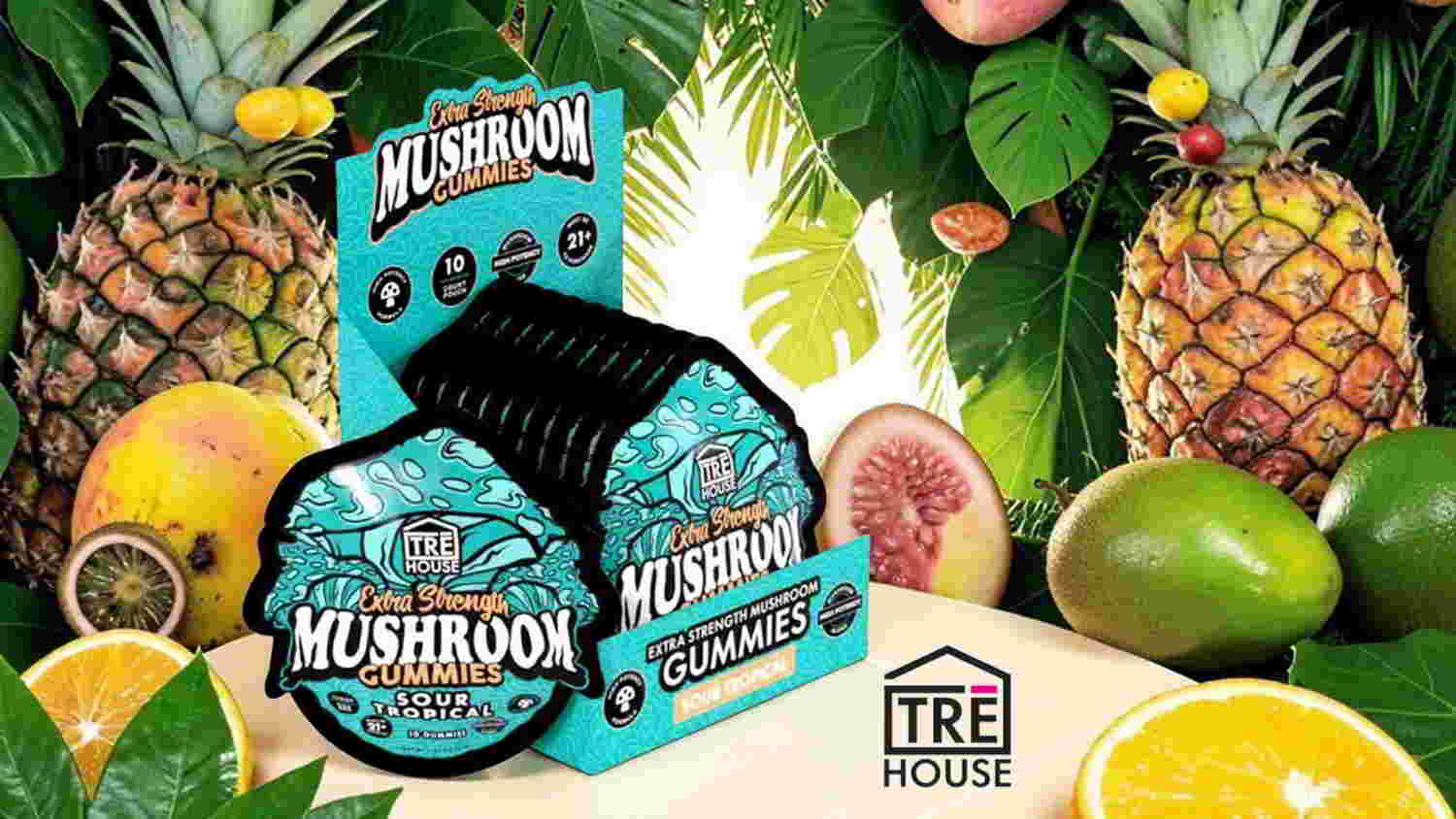 Mushroom product display surrounded by tropical fruits and greenery.