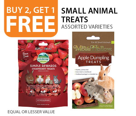 Buy 2, Get 1 Free Small Animal Treats. Equal or lesser value