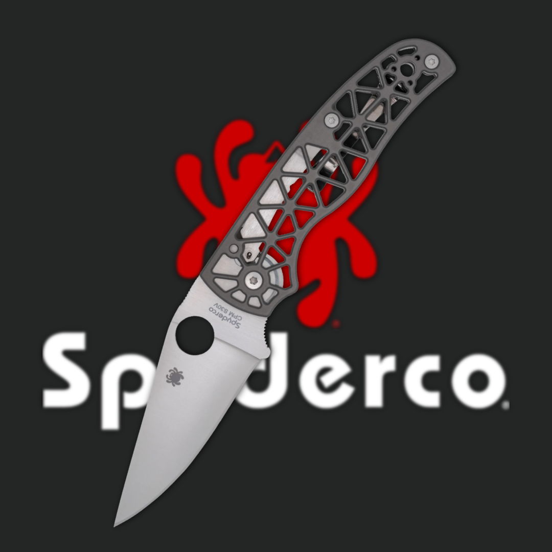 A Spyderco knife with a partially open blade and logo background.
