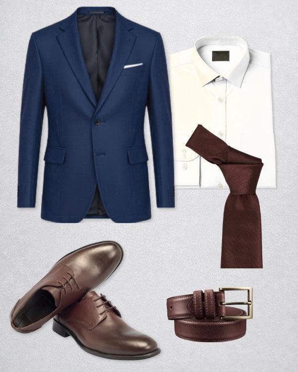 Example of an outfit for the office with a brown tie: Navy suit, white shirt, brown textured tie, brown dress shoes and brown belt