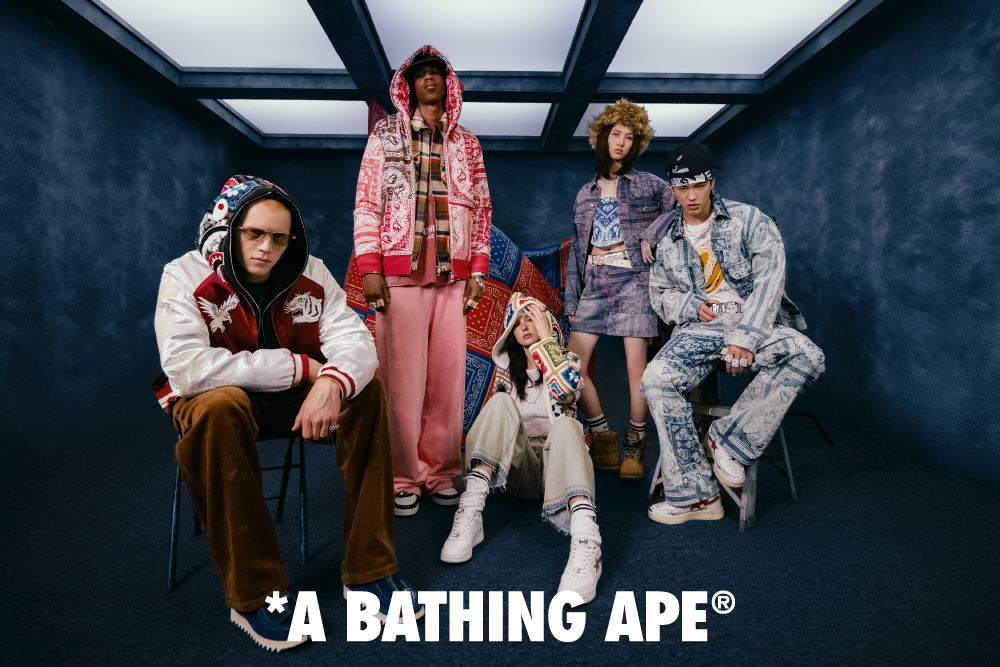 Group of people wearing streetwear, featuring the brand A Bathing Ape.