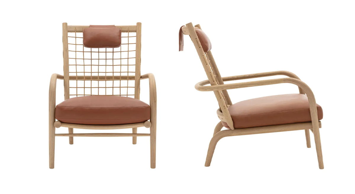 Two views of a modern Alvar wooden chair by B&B Italia with a cushioned seat.
