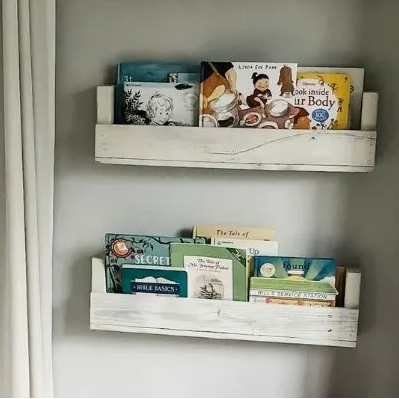 drakestone white wash wall racks with nursery books