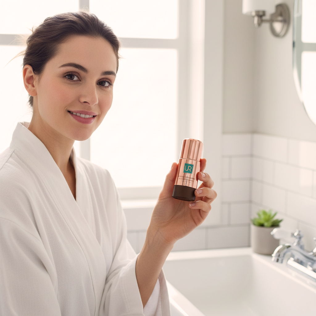 Woman in a bathrobe holding a Pit Stick in a bright bathroom.