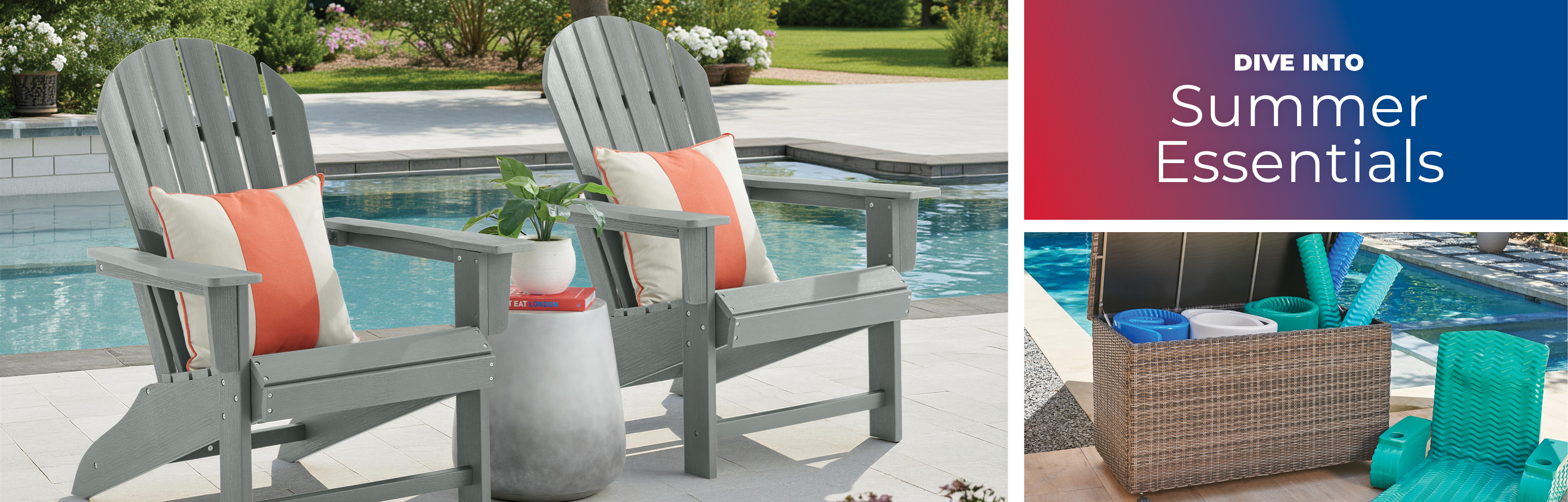 Adirondack chairs by a pool with summer essentials banner.