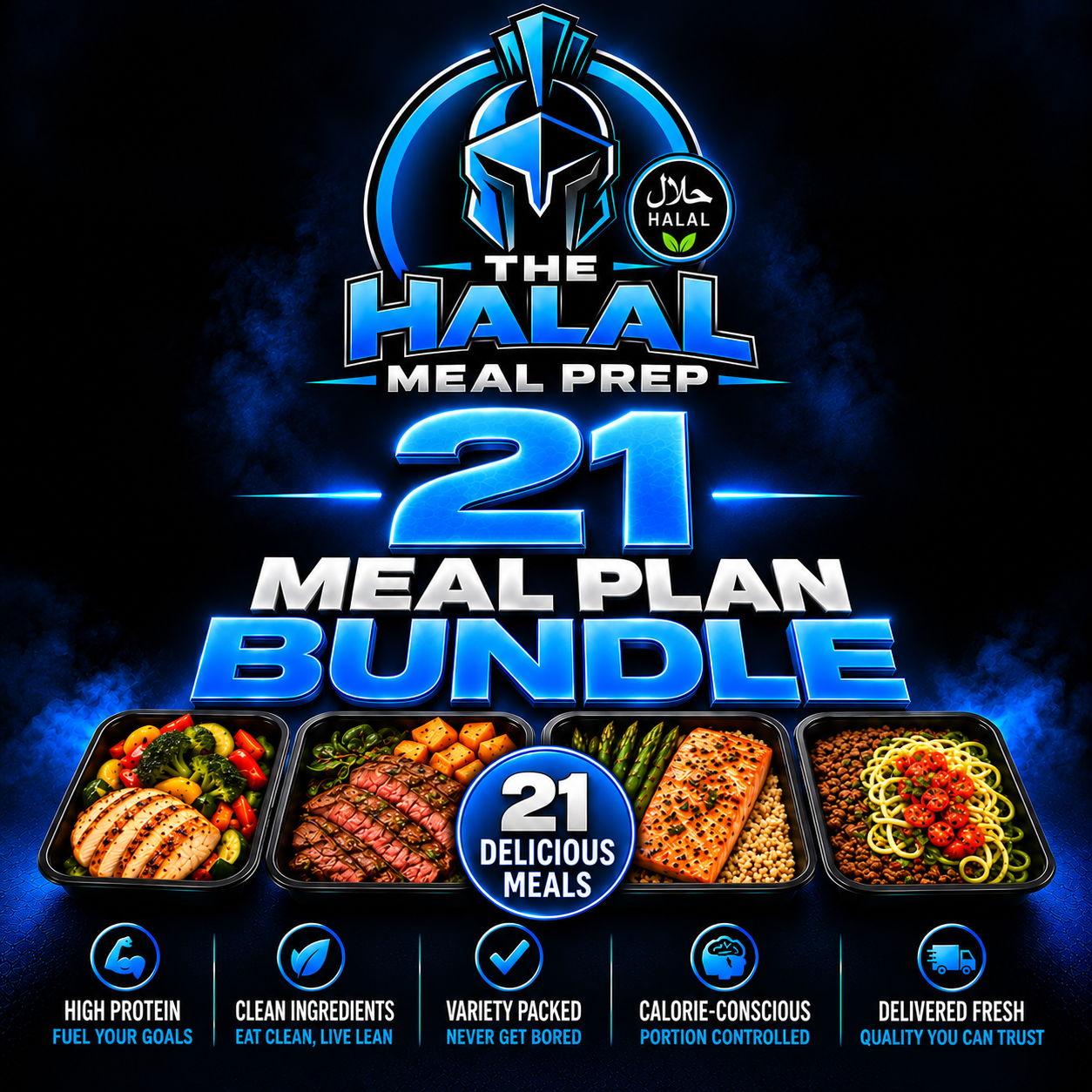 The Halal Meal Prep 21 Meal Plan Bundle featuring 21 delicious, high-protein halal meals. Fresh grilled chicken, steak, salmon, and healthy meal prep options with clean ingredients, balanced portions, and convenient halal meal delivery.