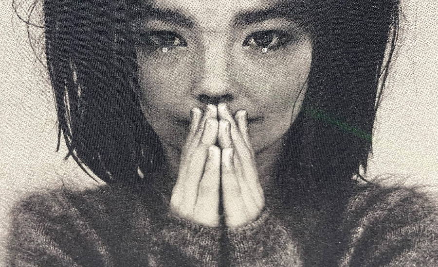 A lifelike detail simulated process screen print of a greyscale photo of the singer and artist 'Bjork' holding her hands in prayer position against her mouth. She is wearing a fluffy knitted sweater with the visible whisps of wool illustrating the subtle detail achieved with simulation process. The image shows high definition image graduation from the pure black of Bjork's hair and pupils to the highlights on her fingertips created by the absenece of print allowing the blank white shirt to show through.
