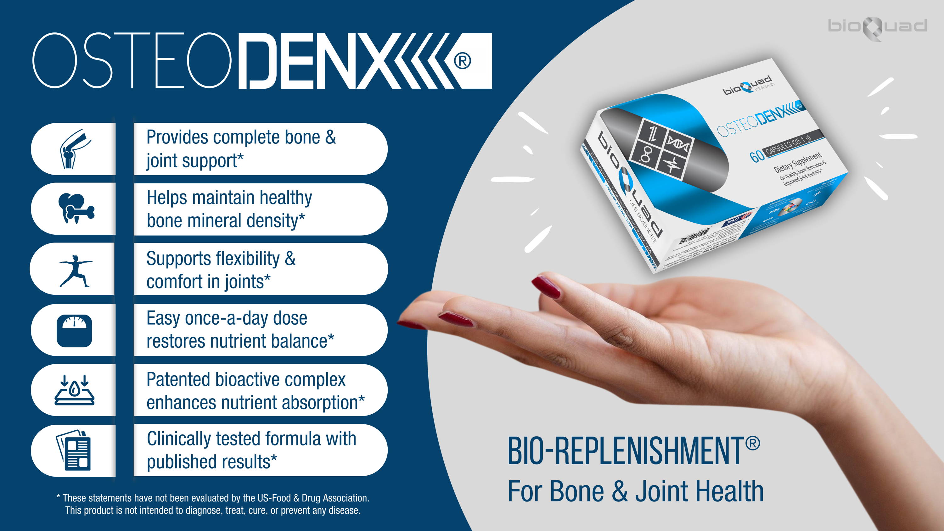 Promotional image for OsteoDenx, highlighting benefits such as complete bone and joint support, maintenance of bone density, improved joint flexibility and comfort, nutrient balance, and enhanced nutrient absorption, with an image of the OsteoDenx supplement box.