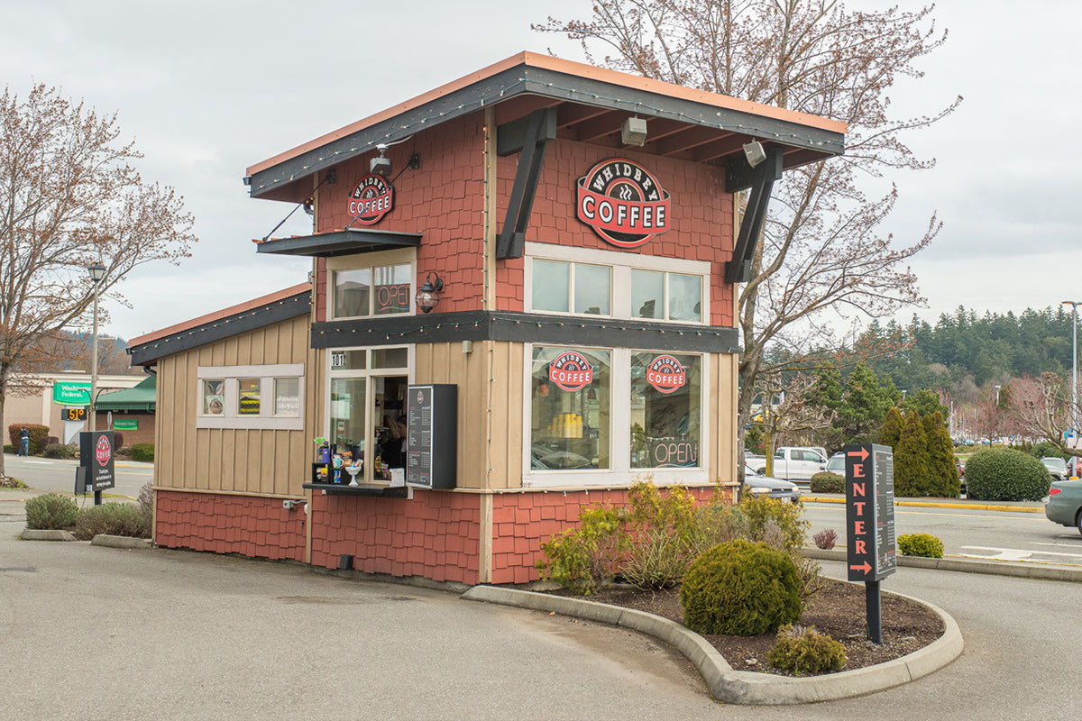 Whidbey Coffee store with a flat roof in Anacortes, Washington