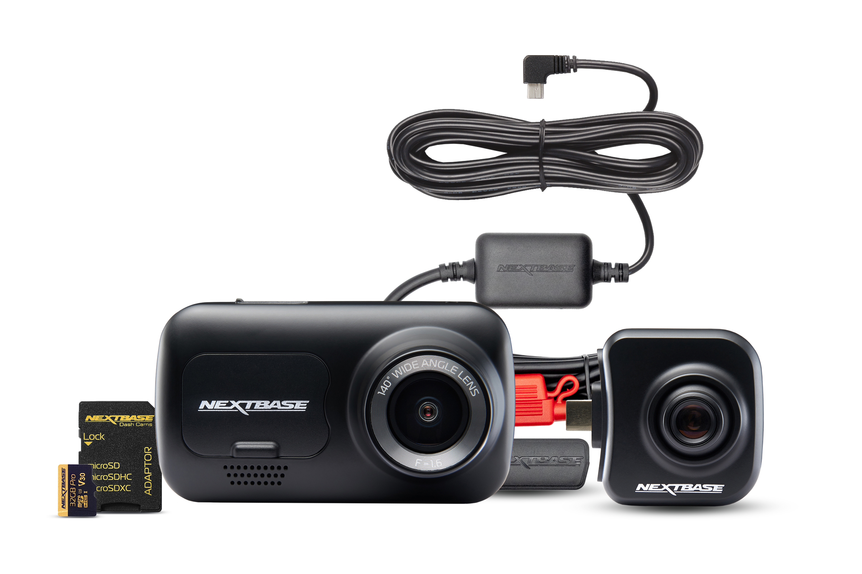 Dash cameras with accessories including cables and memory card.