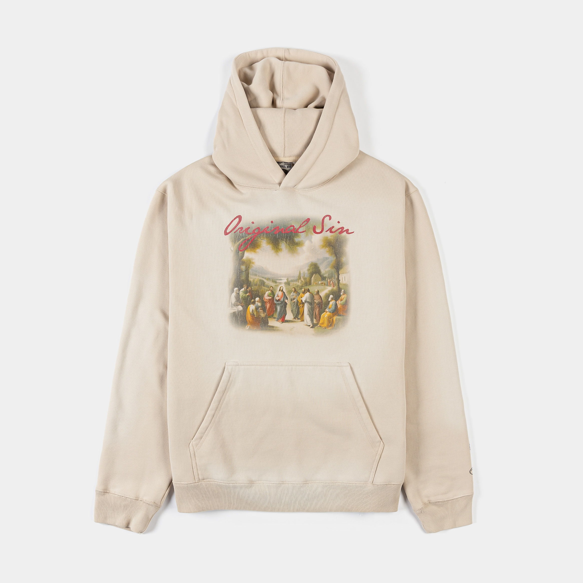 Beige hoodie with a graphic design on the front.