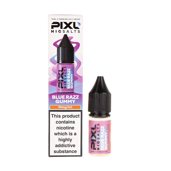Bottle of PIXL Blue Razz Gummy e-liquid with warning label.