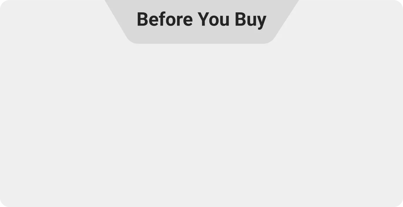 Text box displaying 'Before You Buy' on a gray background.