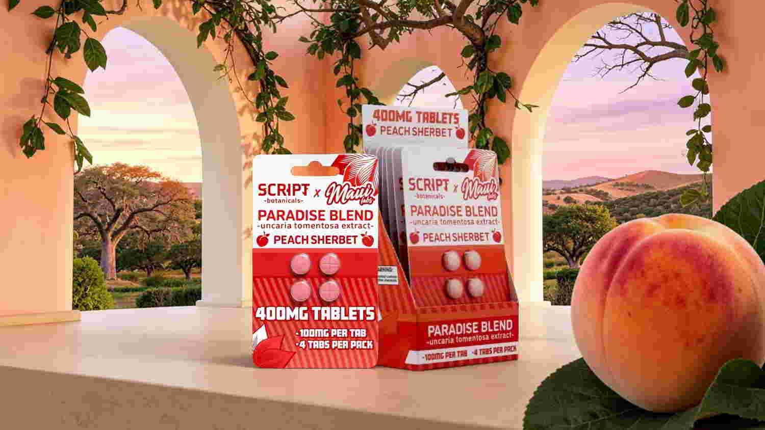 Boxes of medication with a peach on a table in a scenic setting.