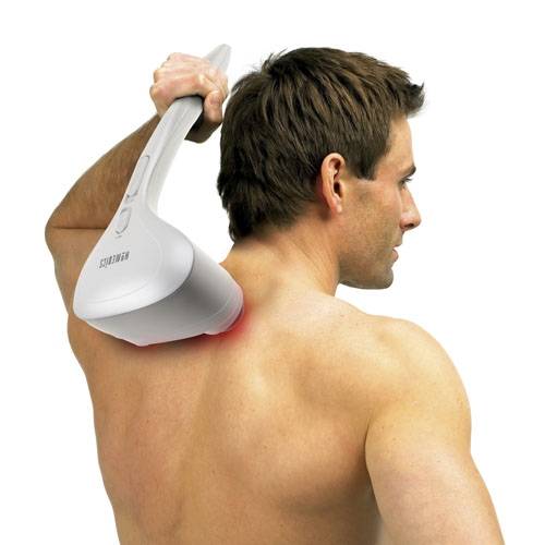 person using the Compact Percussion Massager Deep Tissue Handheld Massage with Heat