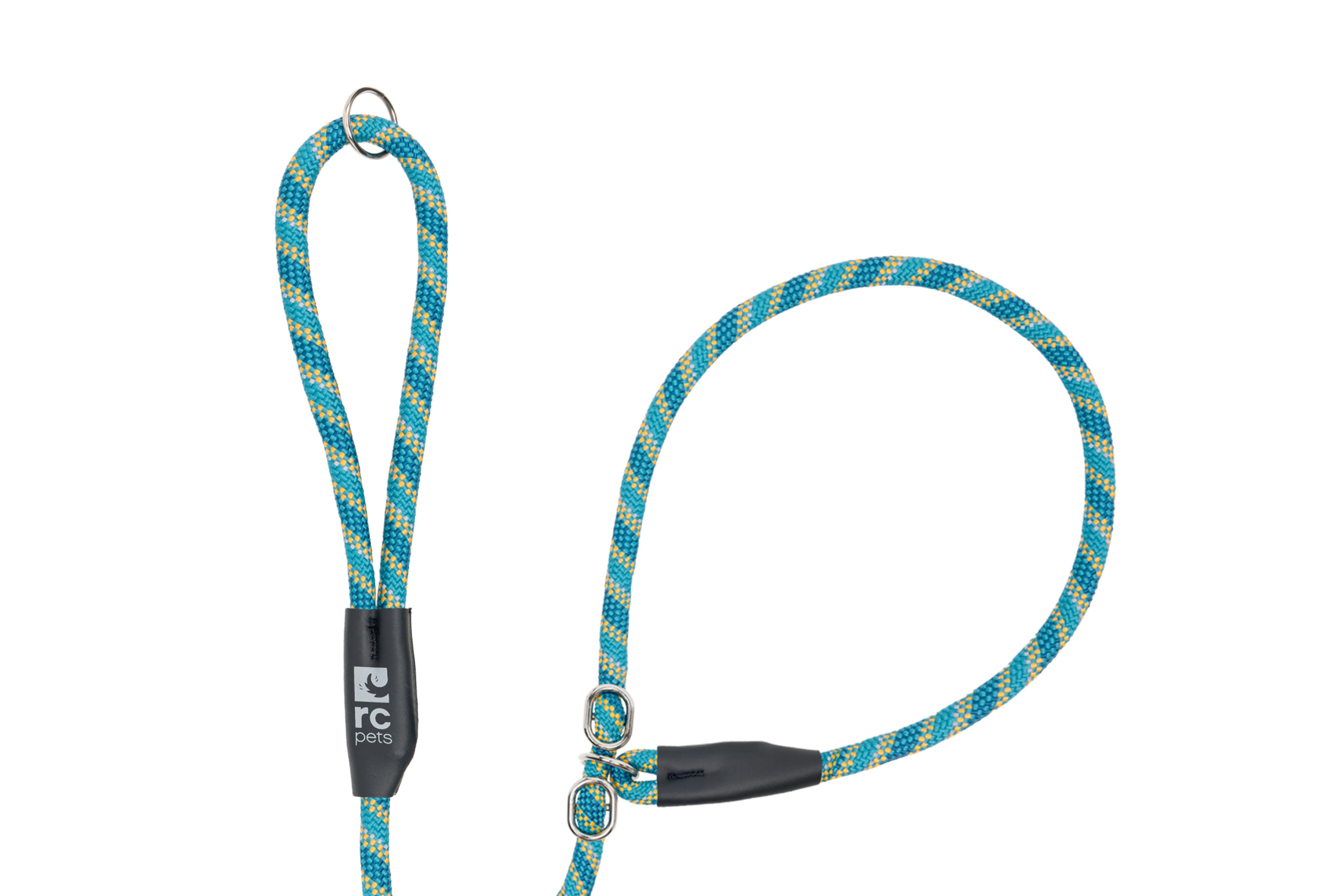 A blue and green twisted rope with loops at both ends.