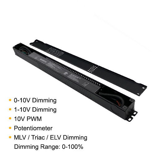 Slim 5-in-1 Dimmable LED Driver 100W 24V constant voltage power supply with integrated junction box supporting 0-10V, 1-10V, 10V PWM, potentiometer, MLV, TRIAC, and ELV dimming